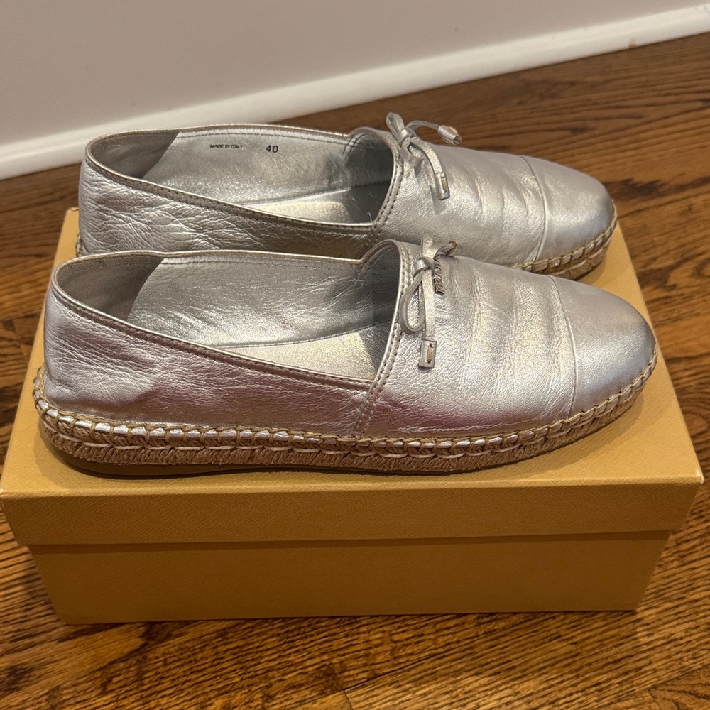 Prada Silver Espadrille Flats